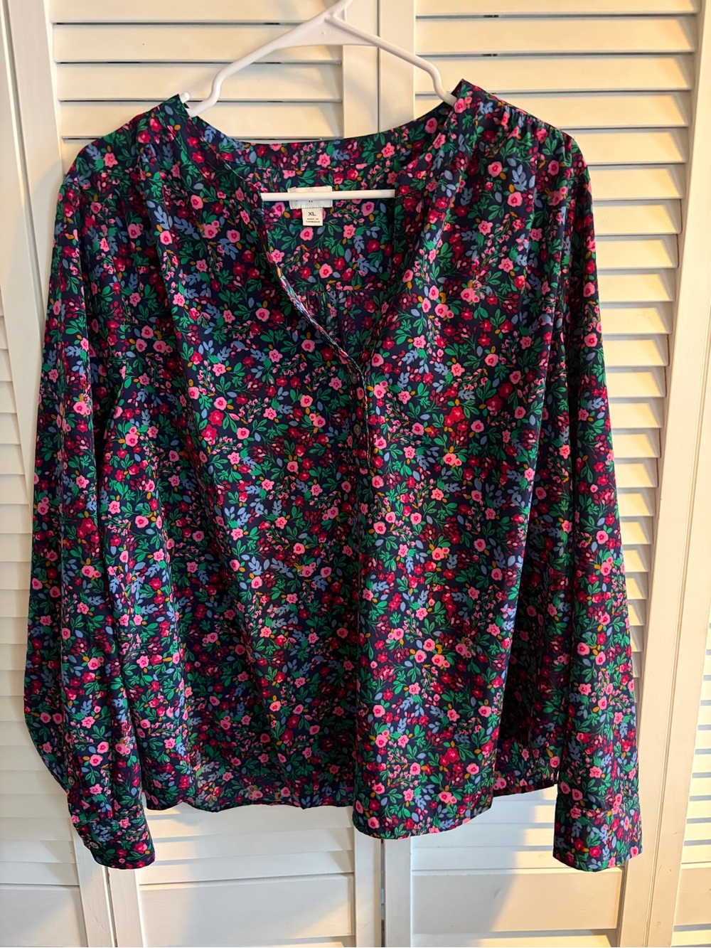 J. Crew Factory Navy Floral Button-Front Blouse with Pink & Green Accents